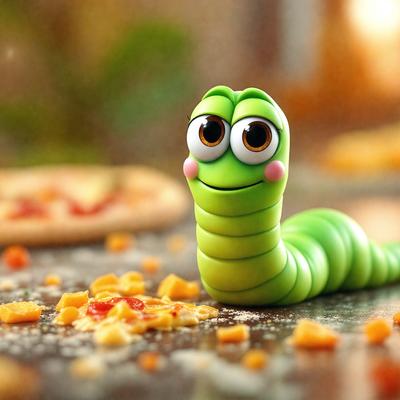The primary subject of the image is a green caterpillar figurine, which is sitting on a table. The setting is a table with a pizza and a pizza box, creating a casual and relaxed atmosphere. The visual style is a combination of photo and digital art, as the caterpillar figurine appears to be a 3D model. The colors and mood of the image are bright and cheerful, with the green caterpillar figurine being the focal point of the scene